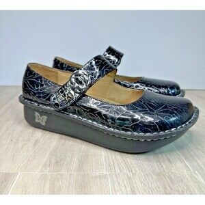 Alegria Shoes Women’s 37 Black Mary Janes Patent Leather Floral Embossed Clogs
